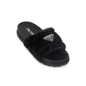 Prada Shearling Fur Slides in Black, size 41